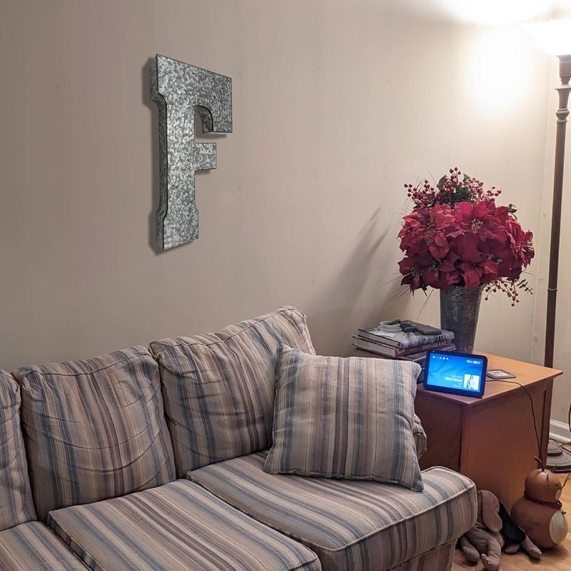 Science Purchase 20" Metal Letter F Wall Decor, Silver with Rusted Edges, Galvanized Wall Mountable Decoration for Country, Mid-Century, or Farmhouse Themed Room or Event - Image 3